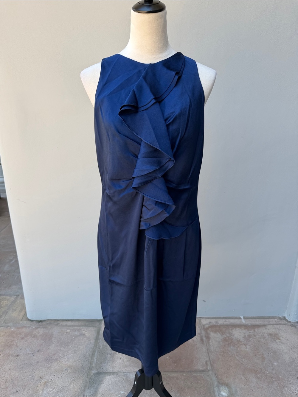 ST JOHN COUTURE Blue Silk Sleeveless Ruffle-Front Midi Cocktail Dress 12 Large